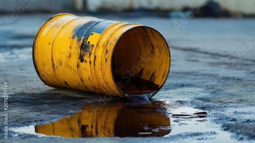 A yellow oil drum lies on its side, spilling dark liquid onto a concrete surface. The scene suggests industrial waste and environmental concerns.