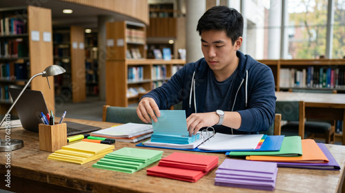 Male College Student Sorting Colorful Sticky Notes at Library Desk, Back to School Young Man Organizing Study Materials, Education Library Lifestyle Scene
