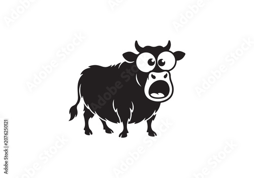 Funny cartoon cow silhouette with exaggerated wide eyes and open mouth, creative