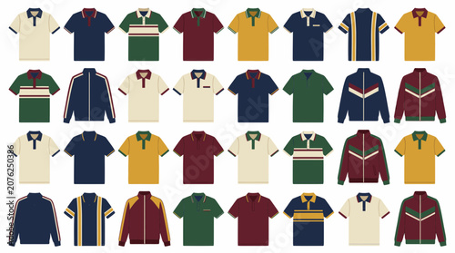 Colorful polo shirts and athletic zip-up track jackets.