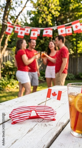 Canada Day celebration with Canadian flag and sunglasses, backyard garden party with friends, festive red and white national holiday event