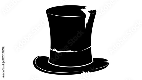 Photos Distressed Top Hat Silhouette: A classic black top hat rendered as a stark silhouette, its edges worn and damaged, conveying a sense of history, mystery, or a bygone era