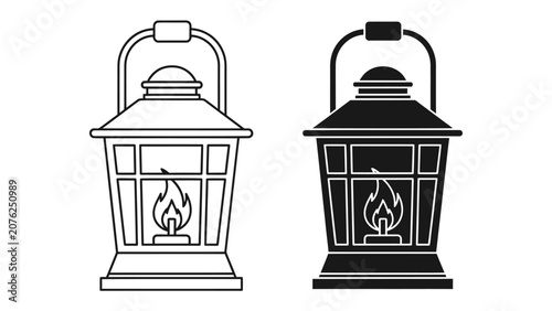 Canvas Print Vintage Lantern Duo: A classic lantern, depicted in both outline and silhouette, showcases a flickering flame within its glass panes, evoking a sense of nostalgia and warm illumination