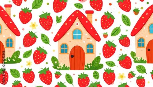 Seamless pattern with cute houses and strawberries. Vector illustration, Seamless pattern with cute house and strawberry. Vector illustration.