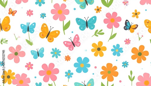Seamless pattern with flowers and butterflies. Vector illustration in flat style.