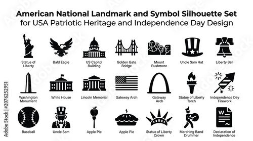 Obraz na plátně American national landmark and symbol silhouette set for usa patriotic heritage and independence day design, traditional american icons