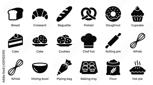 Foto Bakery goods and baking tools vector icons set, bread, pastry, cake, cookies and chef hat, rolling pin, whisk, flour bag