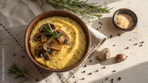Overhead Flat Lay of Creamy Porcini Mushroom Polenta with Grated Cheese and Rosemary
