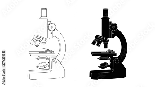 Slika na platnu Microscope Outline and Silhouette: A side-by-side comparison of a scientific microscope, presented as a clean line drawing and a solid black silhouette