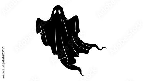 Photography Ethereal Phantom Silhouette: A stark black silhouette of a ghost floats eerily, its form defined by flowing drapery and vacant eyeholes, evoking a sense of mystery and the supernatural