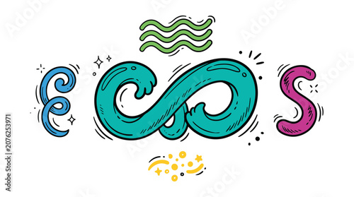 Canvastavla Creative eos word vector sign with wavy lines and stars, featuring blue E, green infinity symbol, and pink S, representing flow, endlessness, and sparkle in playful design