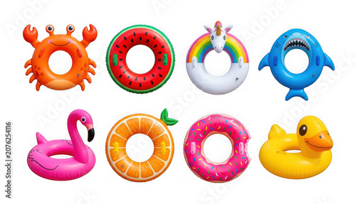 Set of colorful inflatable pool floats isolated on transparent background