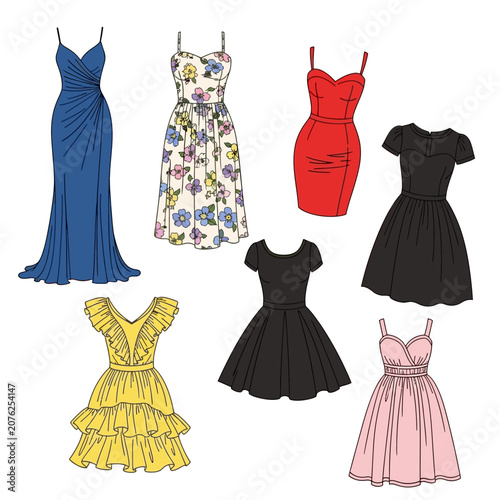 Vector illustration of various women dresses and gowns in different colors and styles