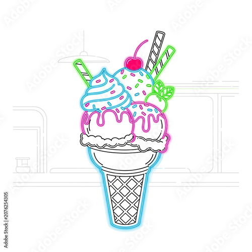 Vibrant triple scoop ice cream cone with colorful toppings and decorations