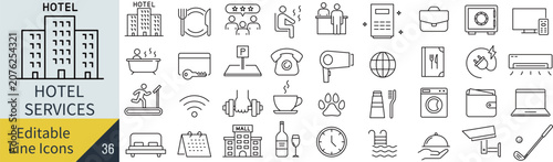 Foto 線の編集ができるホテルサービスに関するアイコンセット（アウトライン化していない）