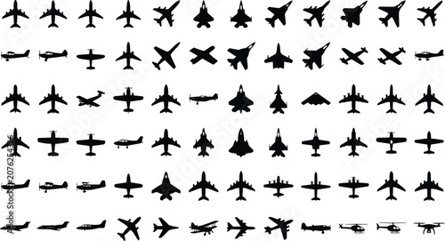Canvastavla Airplane silhouette collection, 72 black aircraft icons in EPS format, military