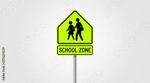 Children Crossing School Zone Traffic Sign on White Background with Yellow Border