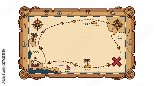 Vintage Treasure Map with Compass and Ship Illustration.