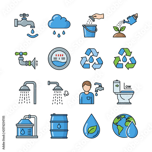 Water conservation icons set featuring dripping faucet rain barrel and recycling symbols