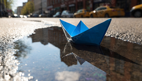 Tiny Blue Origami Paper Boat Floating in Rain Puddle with Reflection