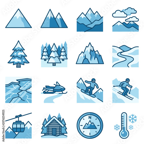 Winter mountain adventure icons set for design projects.
