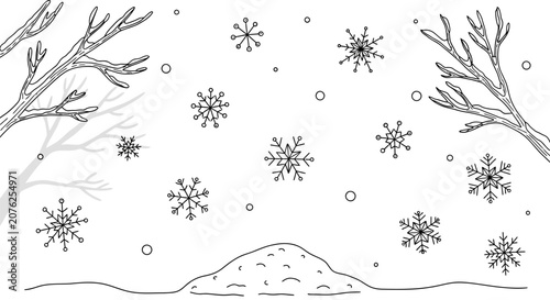 Winter scene with intricate snowflakes falling on bare tree branches over a snowy hill