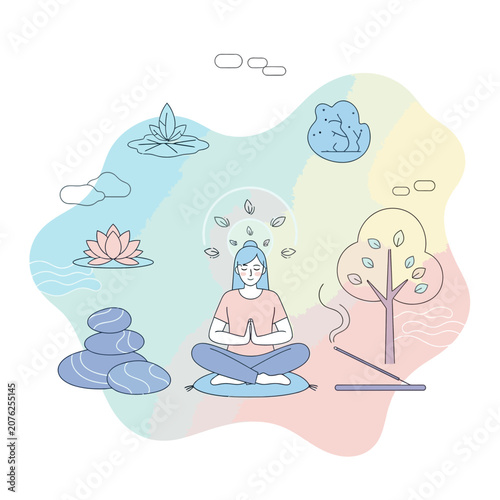 Woman meditating in peaceful nature illustration.