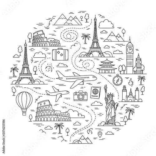 World Travel Landmarks and Icons Illustration.