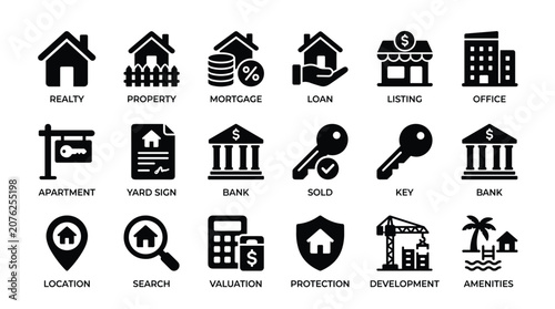 Fotografía Real estate property icons including realty house mortgage loan listing office apartment yard sign bank sold key location search valuation protection development amenities