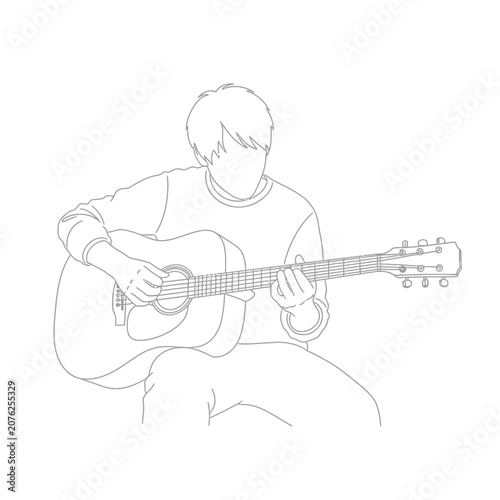 Young man playing acoustic guitar in sketch style.