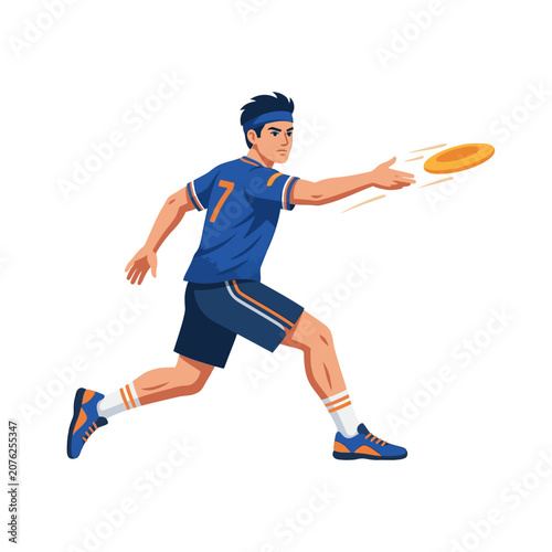 Young man throwing orange frisbee in action pose.