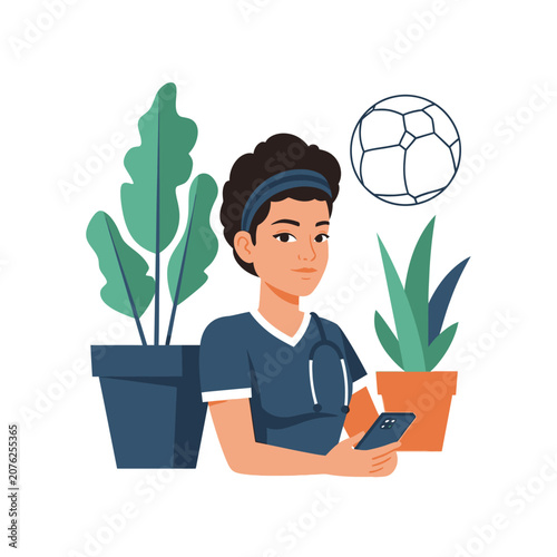 Young woman using smartphone with soccer ball and plants.