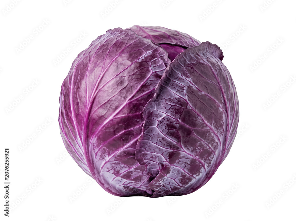 Obraz premium Whole Red Cabbage Head with Textured Purple Leaves Isolated on Black Background for Grocery Marketing