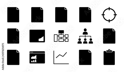 Business Icons Set: Organization Chart, Target, Analytics Graphs, Documents, Clipboard