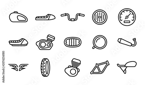 Motorcycle Parts Icons Set, Vintage Bike Components Vector Collection, Retro Vehicle Elements