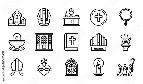 Christianity Icons Set, Religious Symbols Vector Graphics, Church Elements Collection
