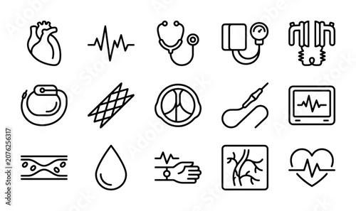 Cardiology Icons Set: Heart Health, Medical Devices, ECG, Blood Pressure, Stethoscope