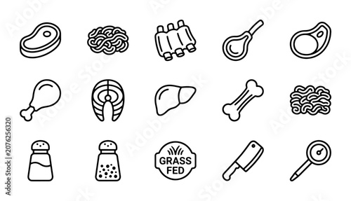 Meat Icons Set, Butcher Shop Food Graphics, Protein Ingredients Vector Collection