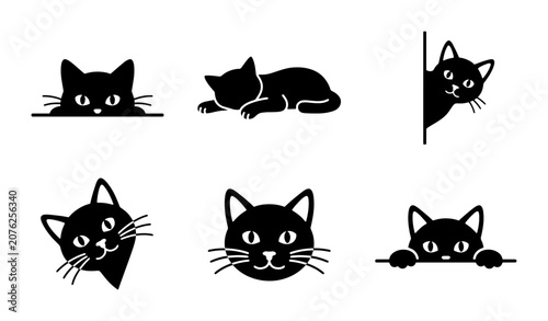 Black Cat Icons, Playful Feline Silhouettes, Cute Kitten Vector Graphics, Pet Animal Illustrations