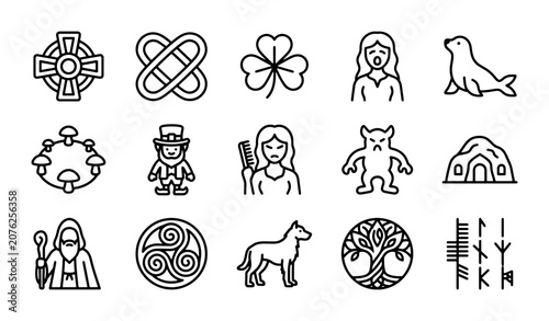 Irish Celtic Icons Set, Folklore Symbols Vector Graphics, Mythical Creatures & Symbols Collection