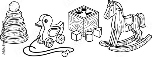 Fotografi Vintage Wooden Baby Toy Vector Illustration Set Featuring Stacking Rings Pull Al
