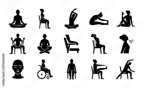 Yoga and Meditation Poses, Seated Stretches, Wheelchair Exercise Icons Set