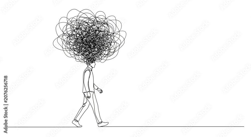 Fototapeta premium Man with tangled thoughts in head walking, abstract concept illustration
