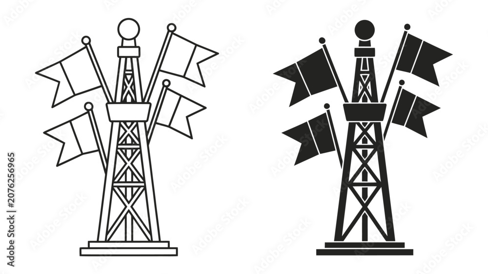 Naklejka premium Vector Oil Derrick with Flags: A simplified graphic representation of an oil derrick, depicted in both outline and silhouette, adorned with triangular flags.