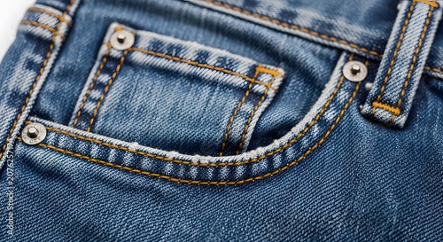Close up details macro shot of classic blue denim jeans pocket textile texture
