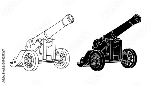 Schilderij op canvas Cannon Silhouette: A side-by-side comparison of a historical cannon, one rendered in outline and the other as a solid silhouette, highlighting its robust design and military significance