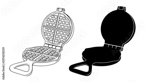 Photos Waffle Iron Illustration: A detailed line drawing and a solid silhouette of an open waffle iron, ready for breakfast creation