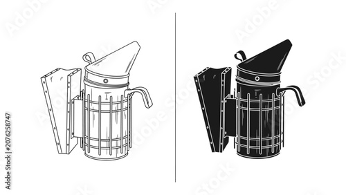 Fotografie Bee Smoker Duo: A comparative depiction of a beekeeping essential, showcasing a bee smoker in both line art and silhouette style, highlighting its functional design for apiary management
