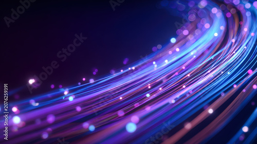 Fiber optic light trails curve across a dark blue background with bright points of light