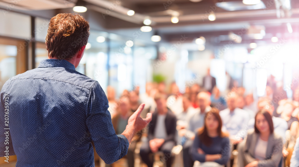 Fototapeta premium Business speaker presents to audience in corporate training seminar room with rear view